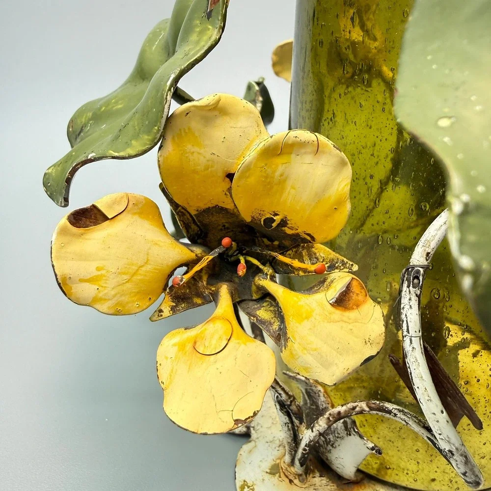Vintage Walter Hatches Floral Tole Green Hurricane Glass Table Candle Holder